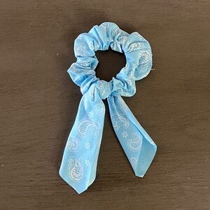 Bright Blue White Paisley Floral Flower Boho Tie Edge Scrunchie Ponytail Holder